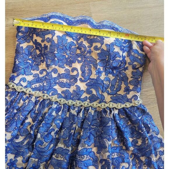 Lace dress formal size 7 Jodi Christopher  rhinestones blue strapless - Picture 4 of 14